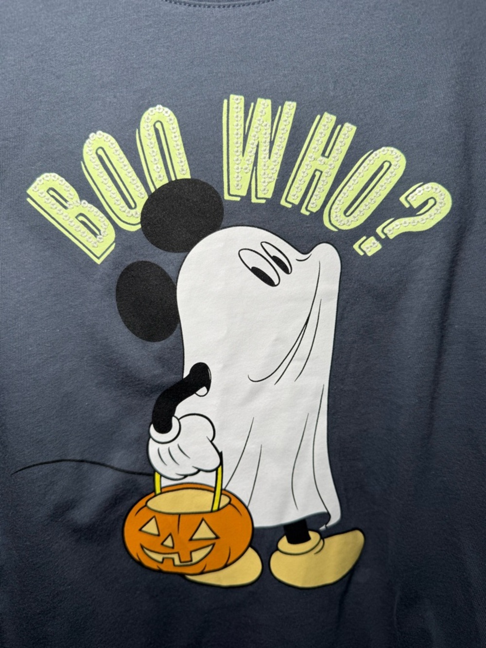 Disney Gray Long Sleeve Tee with White Ghost Mickey and Neon Yellow 'BOO WHO?'